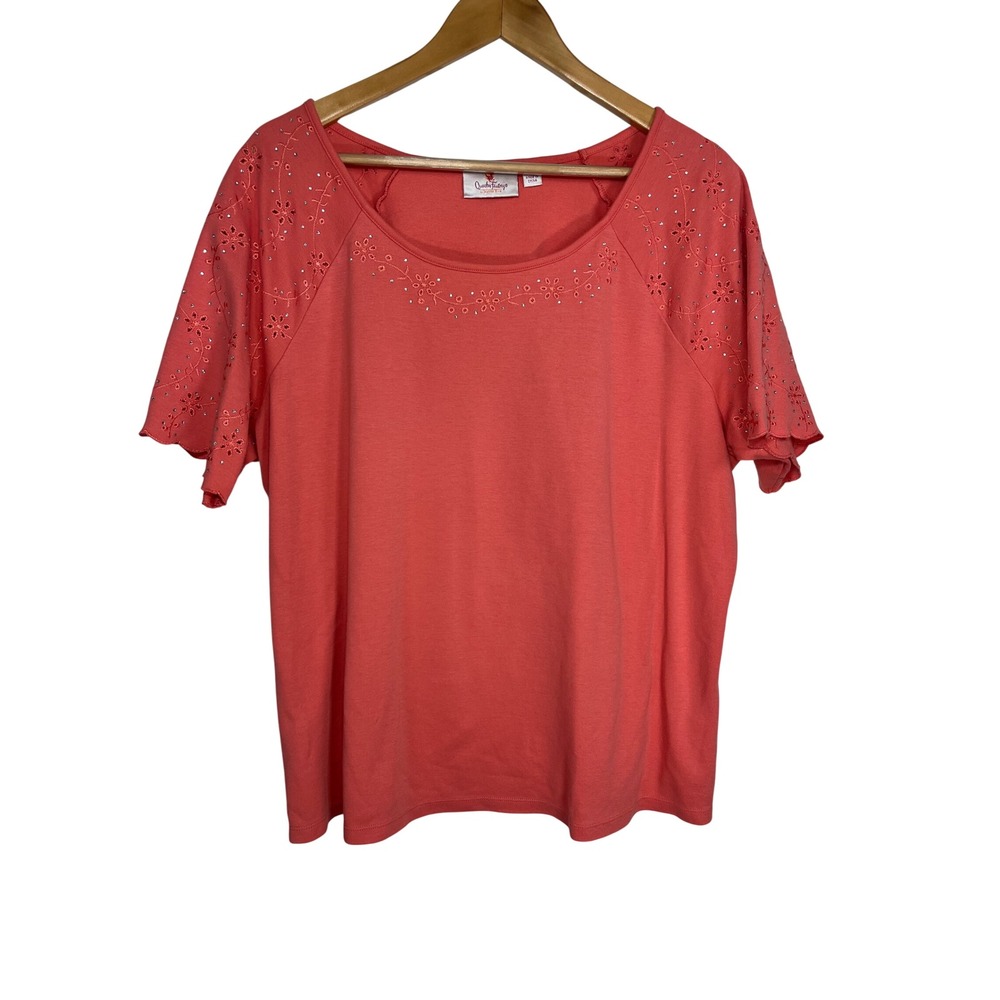Quacker Factory Top Womens‎ 1X Coral Eyelet Rhinestone Raglan Short Sleeve QVC